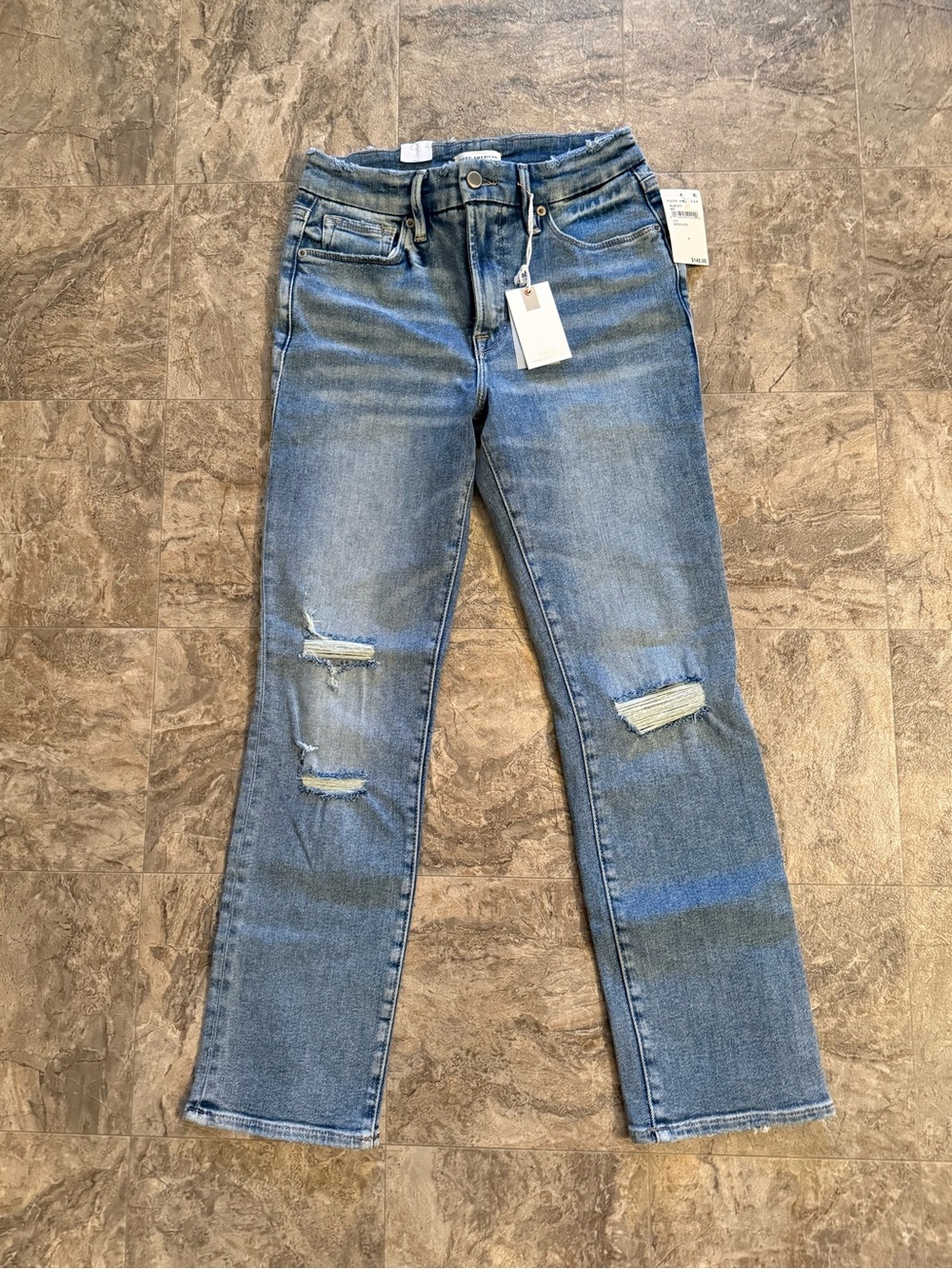 NWT Good American Good Legs Straight blue jeans size 4/27 Classic distressed
